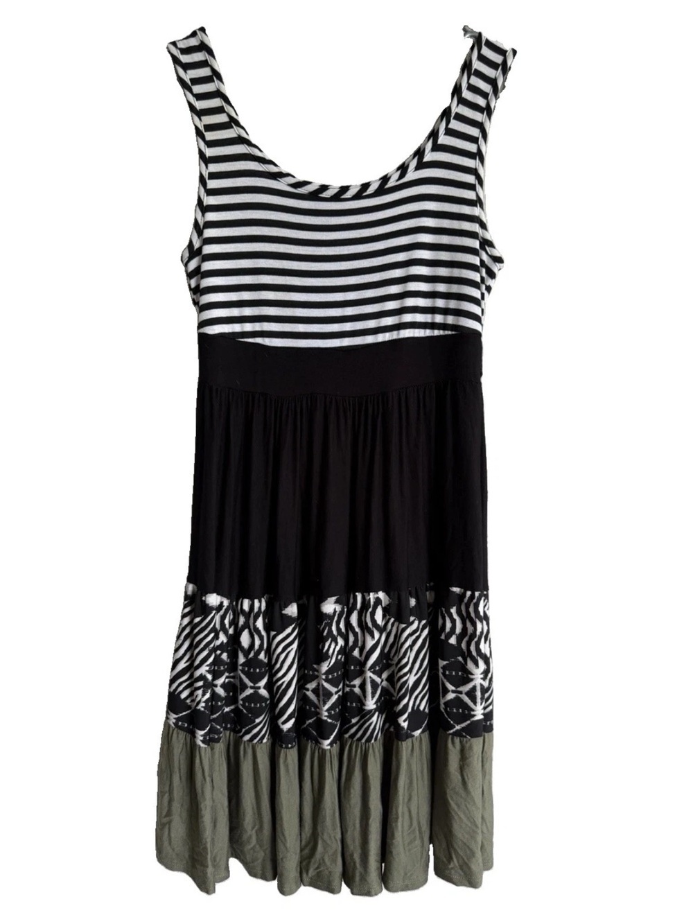 MM Sleeveless Mixed Print Layered Dress Striped Black White Olive Size L